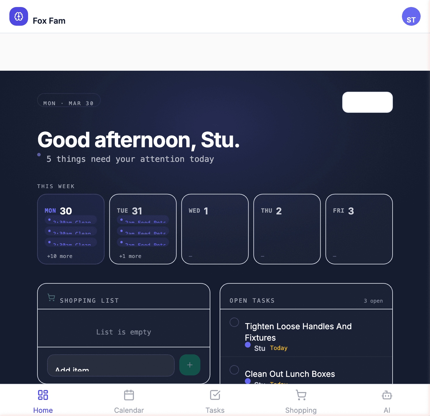 Balm dashboard — weekly overview, tasks, shopping list, and focus section