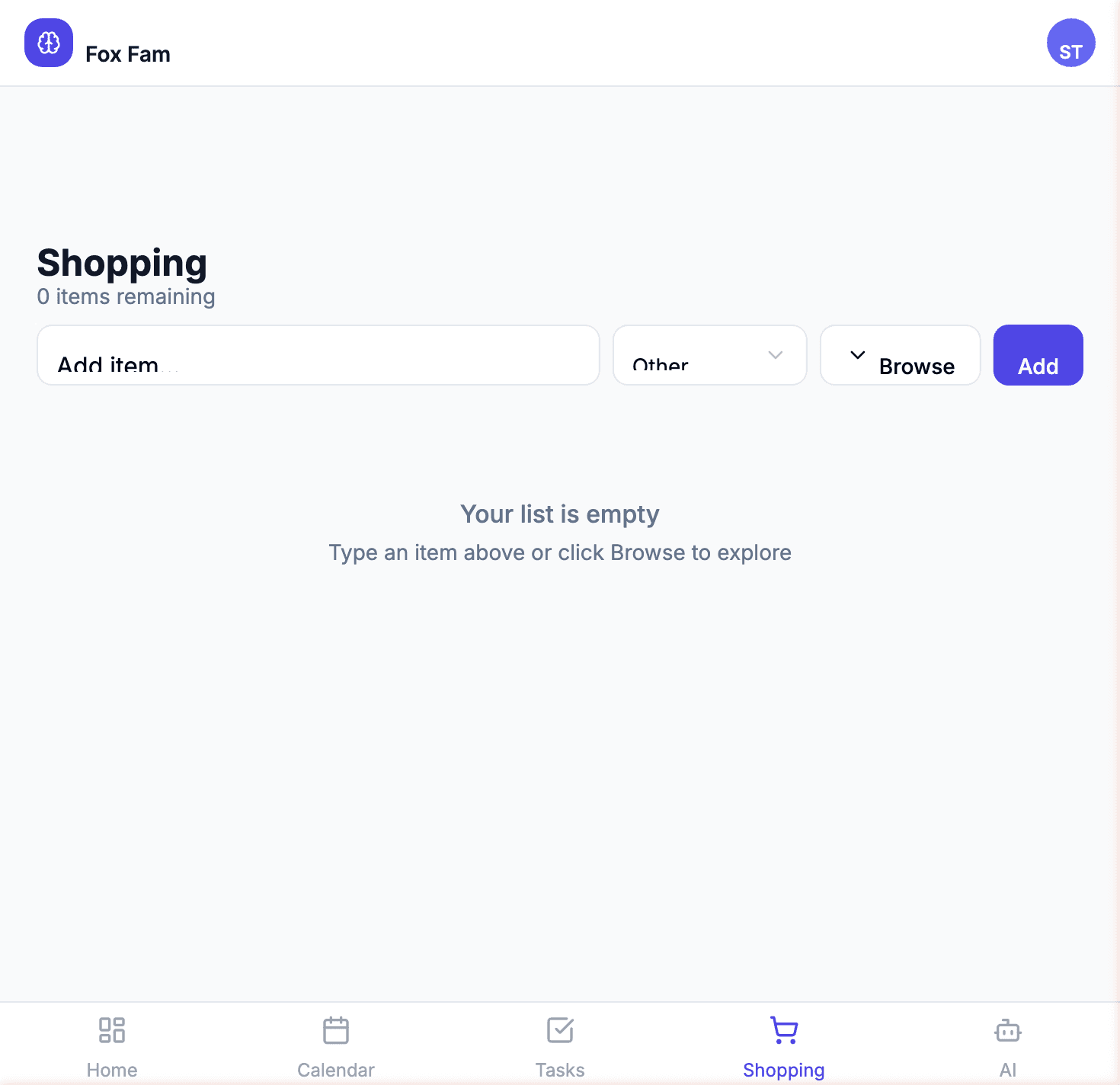 Balm shared shopping list — add items, browse categories