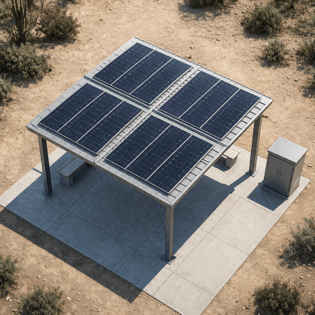 Aerial view of 24×24 ft shelter footprint with four roof cassettes